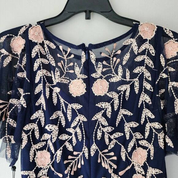 Adrianna Papell Illusion Cocktail Dress | Beaded | Flutter Sleeve, Sheer, Size 4 - Picture 7 of 13